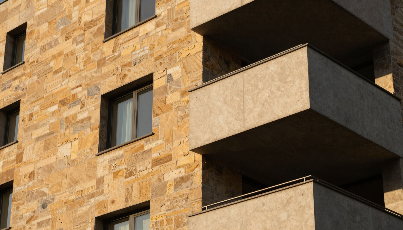 Tight, geometric detail shot of warm sandstone and concrete exterior of a modern condo at golden hour, sharp shadows.