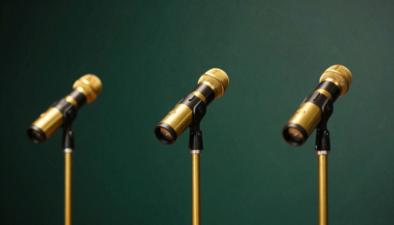 Professional press conference setting with golden microphone stands, warm spotlighting, elegant dark green backdrop, 35mm editorial photography