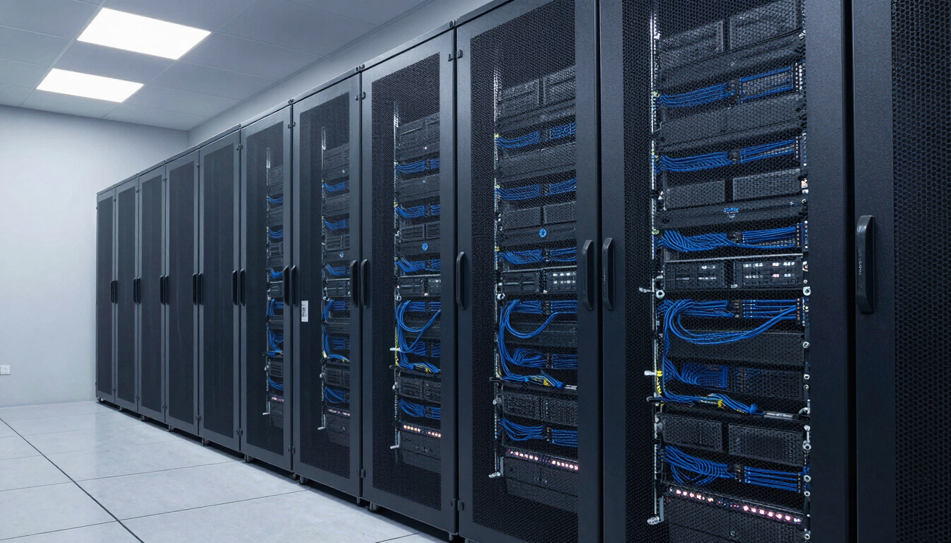 Wide environmental shot of a clean, modern server room with structured blue cabling and server racks, cool daylight mixed with technical LED accents.