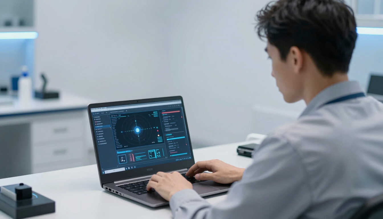Over-the-shoulder shot of a technician running diagnostic software on a laptop screen, blue neon ambient accents, 50mm