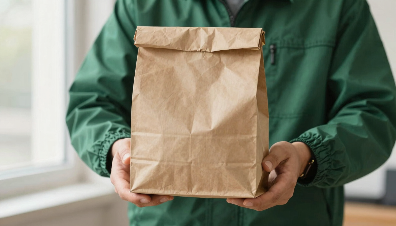 A professional courier in a clean dark green jacket handing over a plain, unbranded paper bag, soft warm lighting, close-up, shallow depth of field