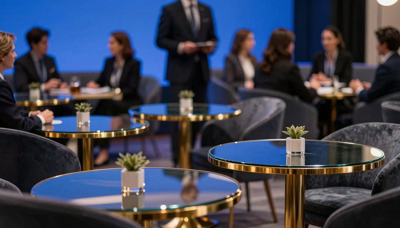Close-up of a premium corporate sponsor lounge, elegant glass tables, gold accents, professional networking atmosphere, soft blue lighting.