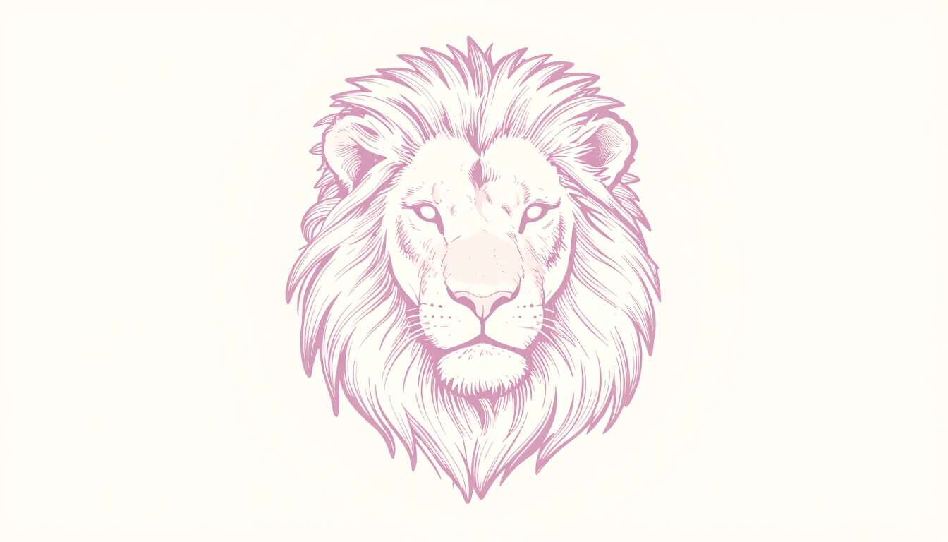 A minimalist hand-drawn botanical line art of a graceful lion head in soft dusty pink, clean off-white background, elegant editorial style