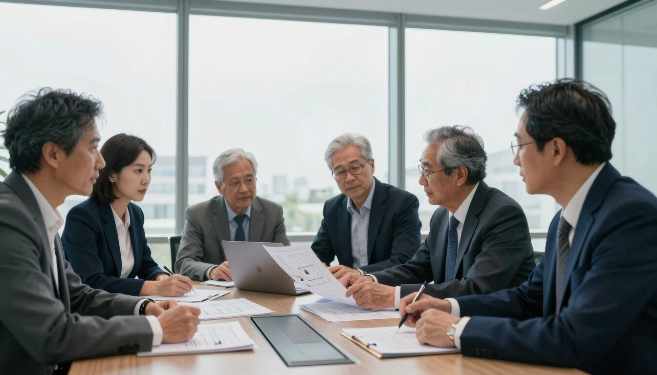 Side view of senior engineering executives reviewing technical schematics in a modern, well-lit boardroom, natural daylight, sharp focus, professional high-end editorial style.