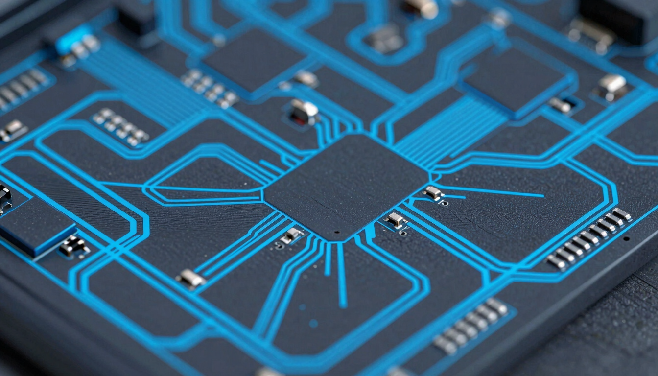Crisp macro screenshot of a multi-layer high-density PCB layout in CAD software, bright blue and cyan trace paths on a dark slate background, sharp focus, 50mm