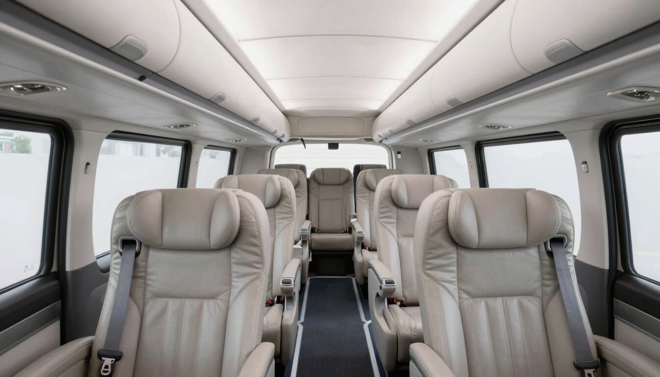 Interior cabin of a luxury coach showing spacious leather seating, ample legroom, and spotless cabin standards, bright natural daylight, wide-angle lens