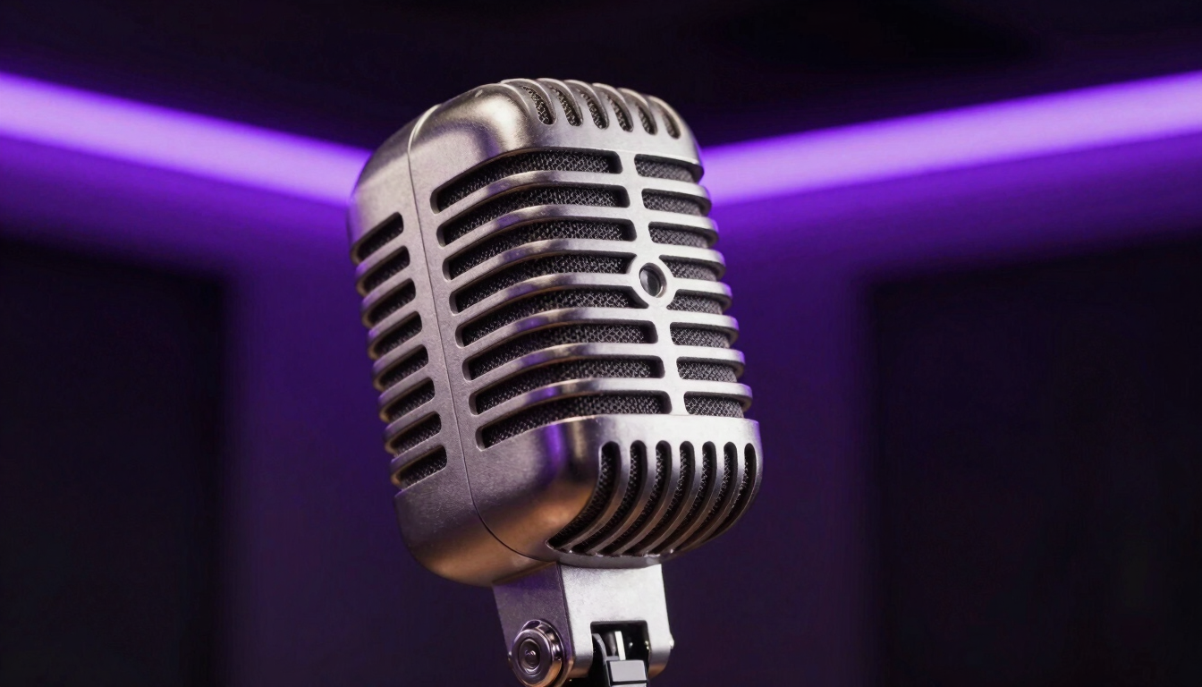 Extreme close-up of a vintage microphone in a dark recording studio, glowing electric purple neon light in the background, high-contrast chiaroscuro lighting, moody atmosphere.