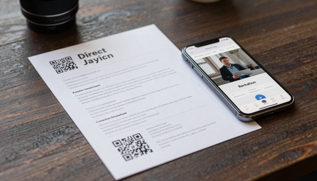 A printed direct mailer with a QR code resting next to a modern smartphone displaying a matching landing page on a dark wooden table, natural overcast daylight.