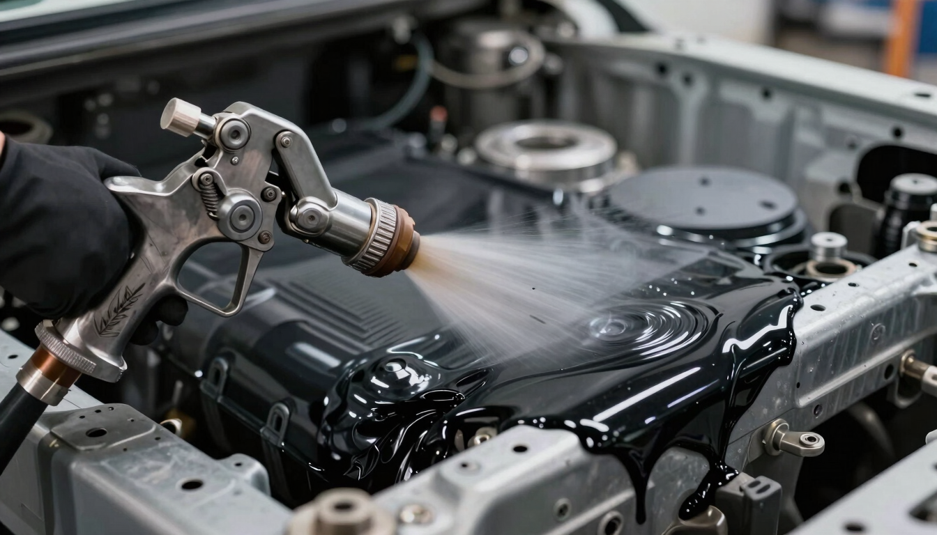 Extreme close-up of a high-pressure undercoating gun spraying heavy-duty black protective sealant onto a clean truck chassis, dramatic technical lighting highlighting the metallic texture.