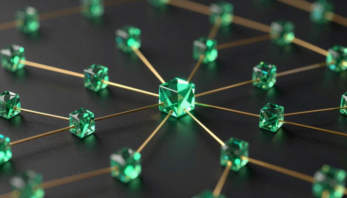 Sleek 3D render of glowing emerald data nodes connected by gold geometric lines, dark mode fintech aesthetic, clean glassmorphism, octane render.