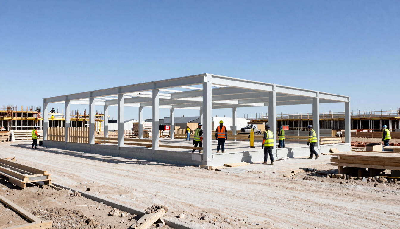 Wide environmental shot of an active, highly organized commercial construction site in Utah, crew members in high-visibility gear working, clean lines, bright natural daylight, 35mm.