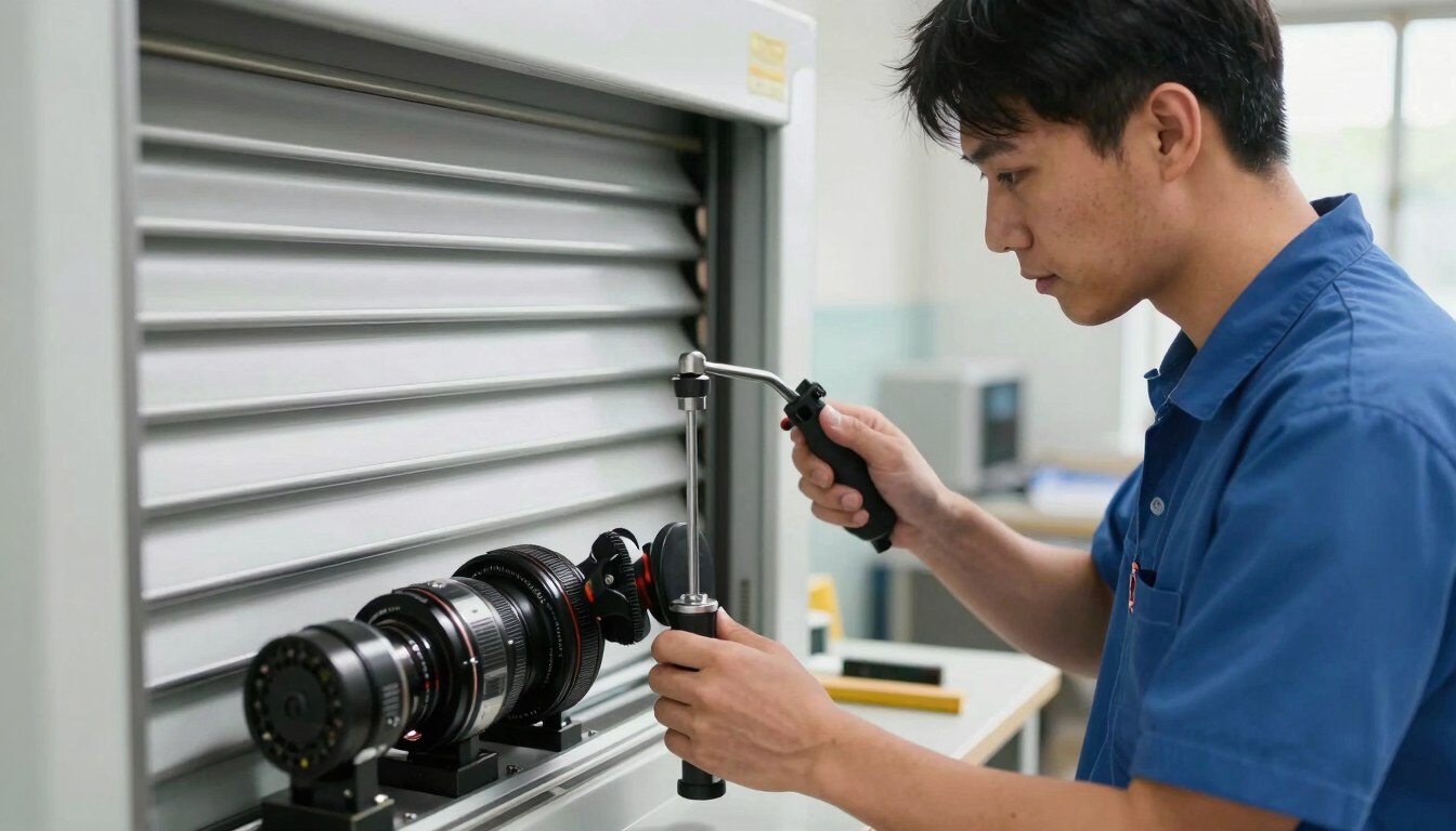 A certified technician in a clean uniform calibrating automatic commercial shutter gears with professional tools under bright daylight