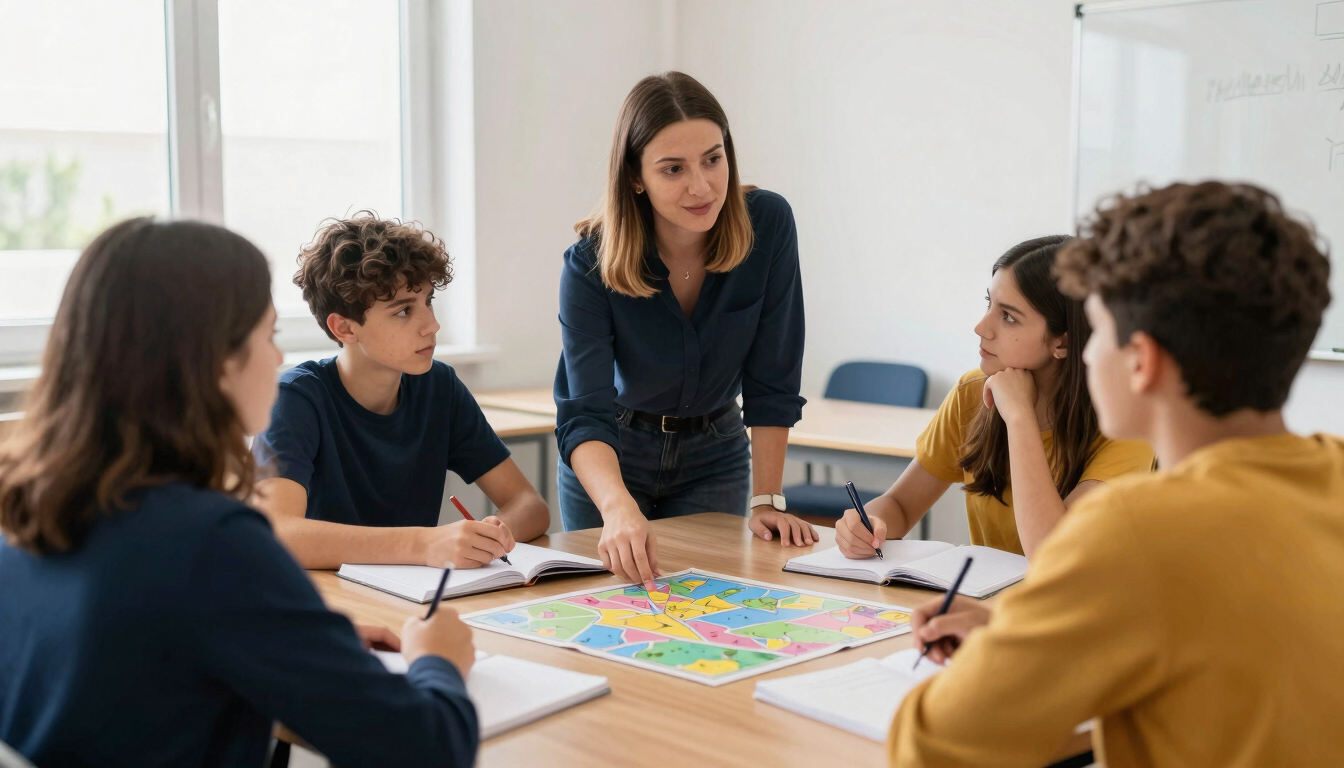 bright editorial photography, natural window daylight, warm navy and mustard tones, shallow depth of field, 35mm. Active classroom moment in Greece, a native English teacher guiding a lively group discussion with teenagers, notebooks and colorful maps on the wooden desks, candid shot.