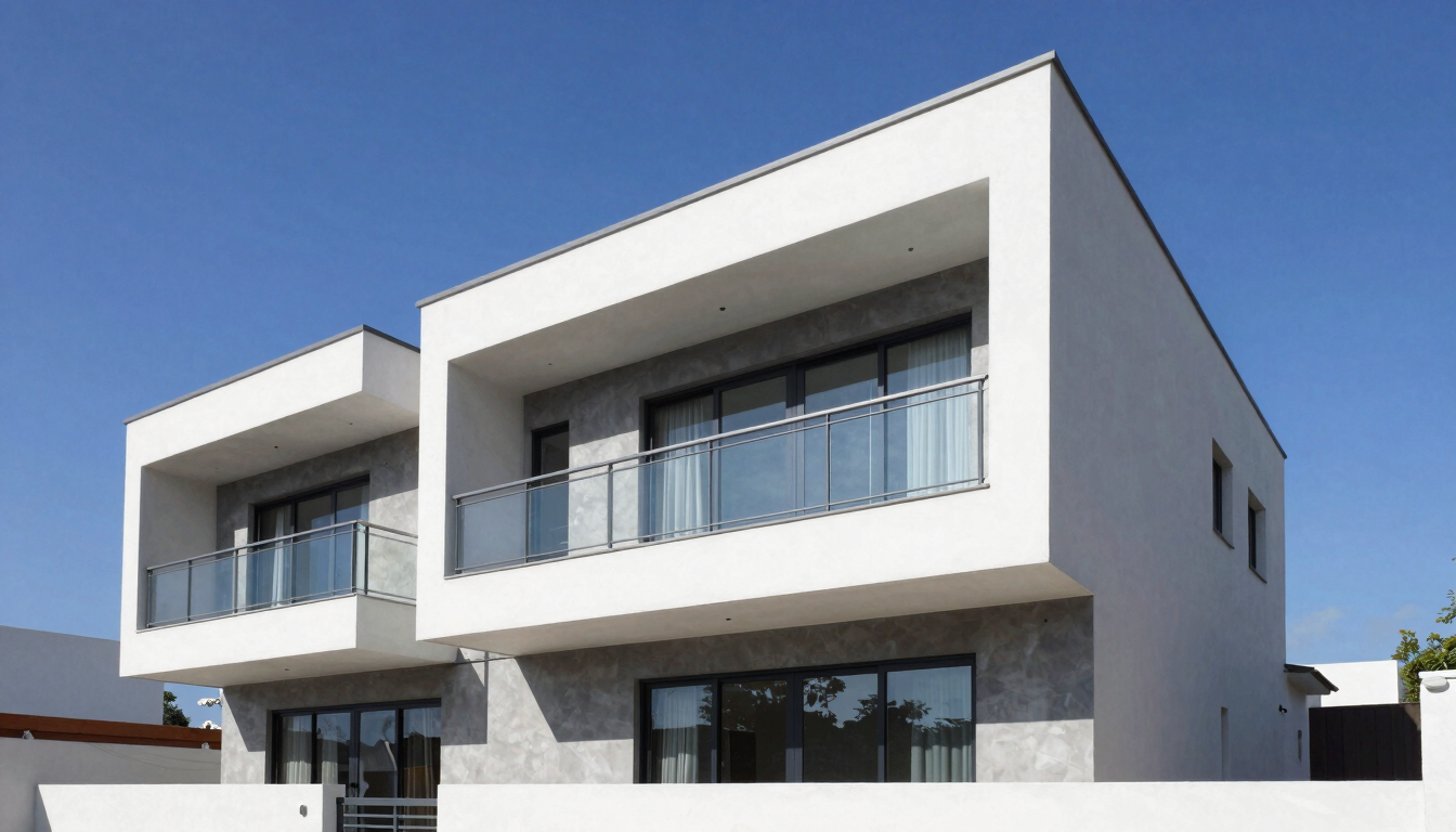 Sharp architectural photography of a newly built modern home exterior in Pachuca, bright natural daylight, clean corporate blue sky, high-contrast professional finish