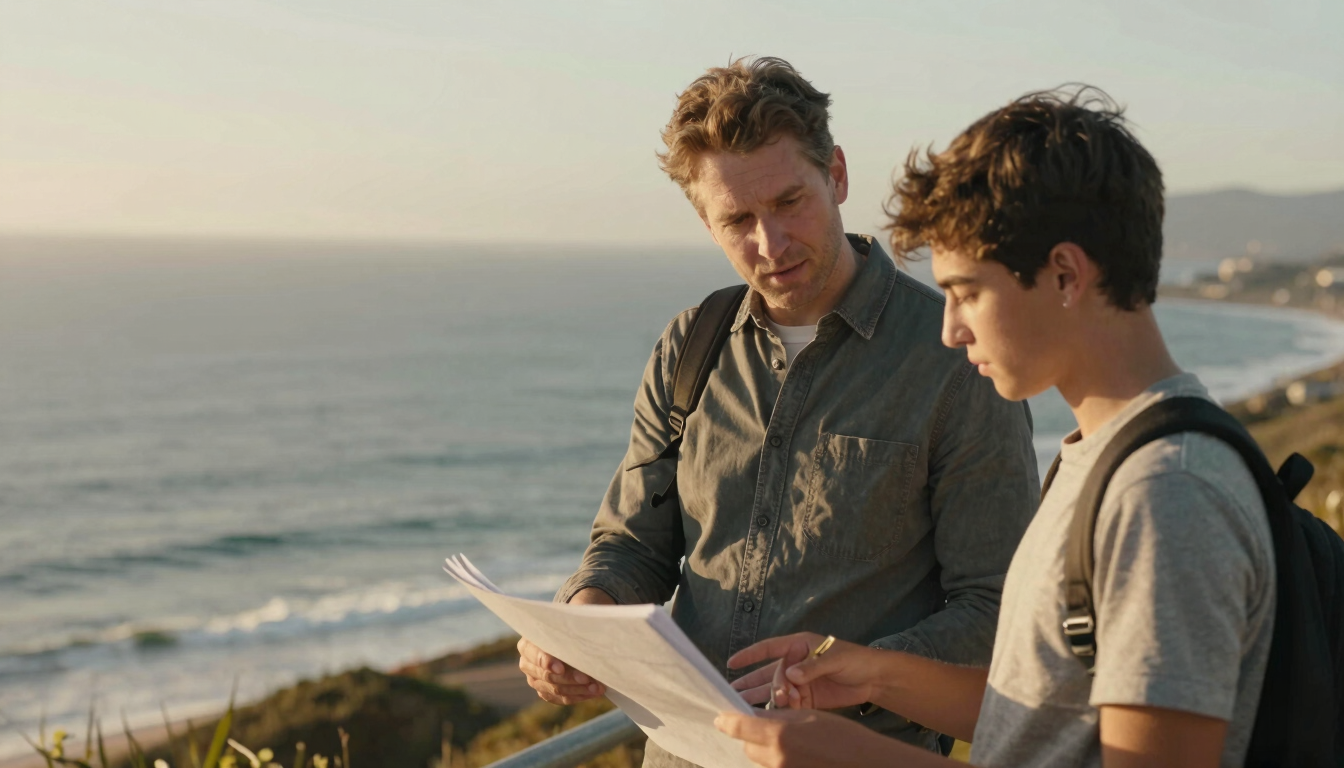 A vertical portrait of a mentor and youth discussing a project outdoors in Signal Hill, captured in warm golden-hour light.