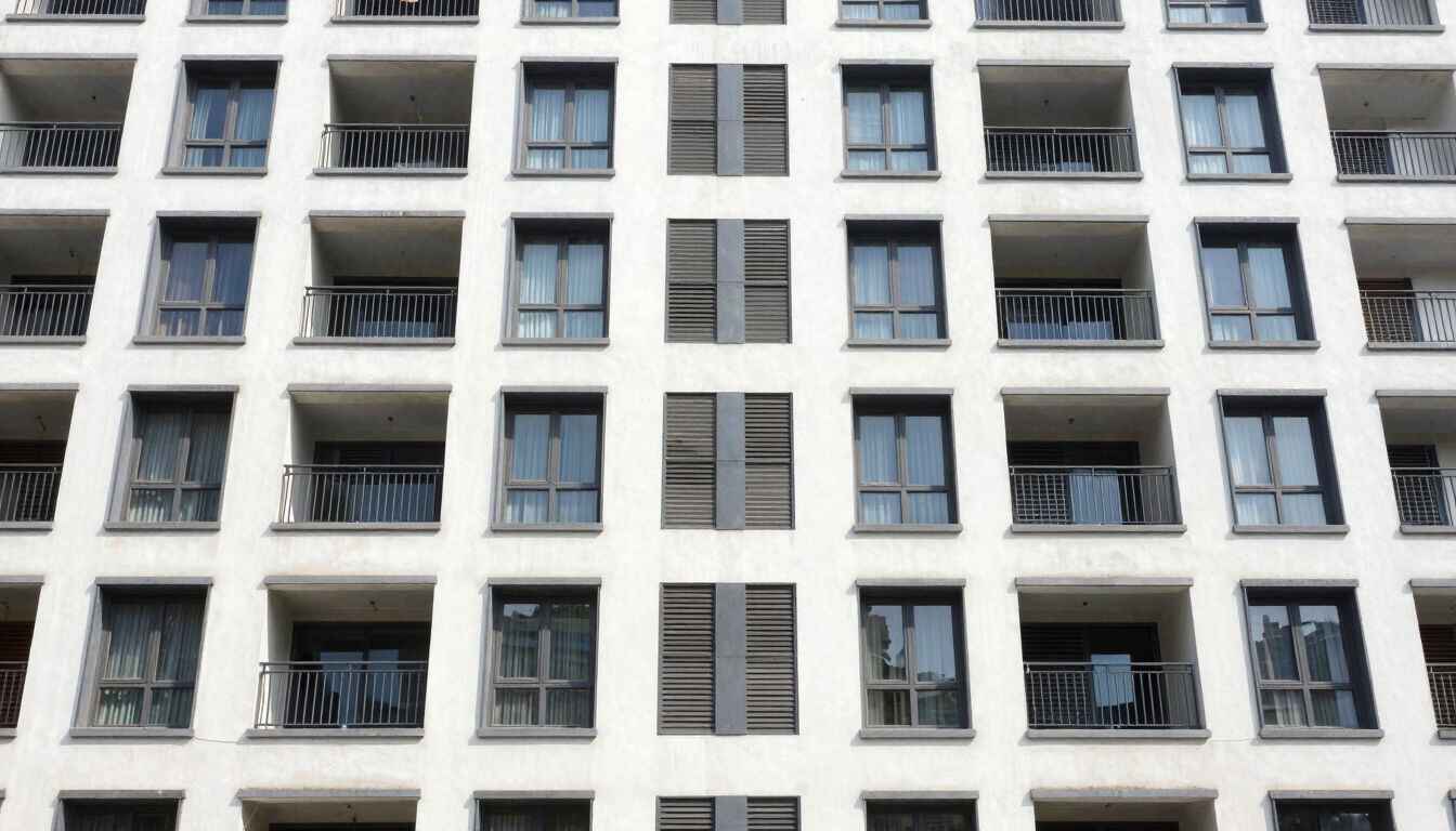 Straight-on eye-level architectural photograph of a modern apartment building exterior in Delhi, bright natural daylight, crisp realistic colors, sharp focus, 35mm.