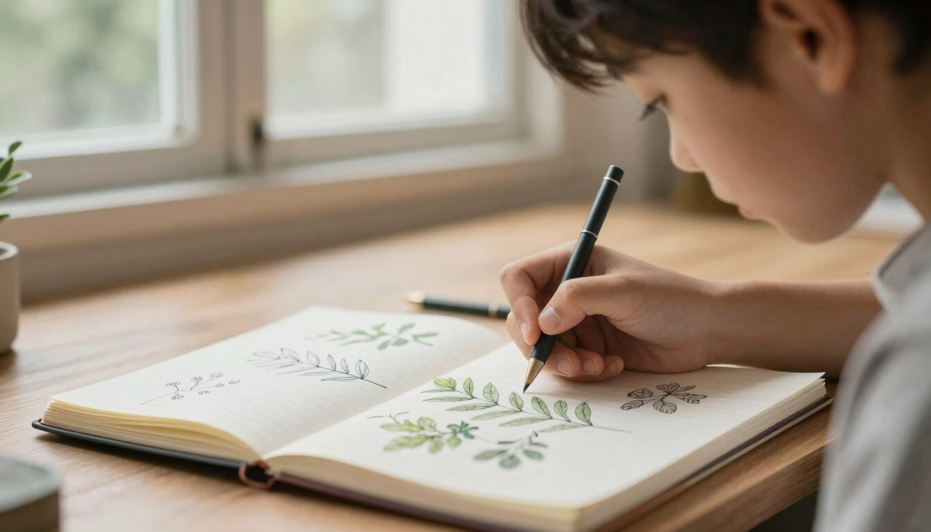 A close-up shot of a young student focused on sketching a botanical specimen in a notebook, soft window light, shallow depth of field, warm organic tones