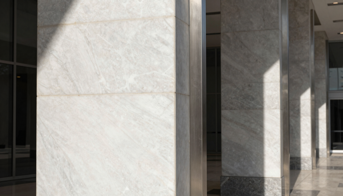 Macro detail of polished white marble and brushed steel architectural columns in a Riyadh corporate lobby, high-contrast daylight, sharp shadows.