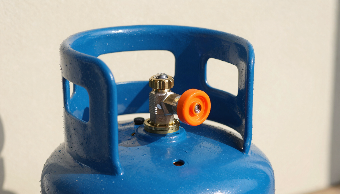 Bright close-up of a vibrant blue gas cylinder with a bright orange safety seal on its valve, clean background, sharp focus, sunny daylight.