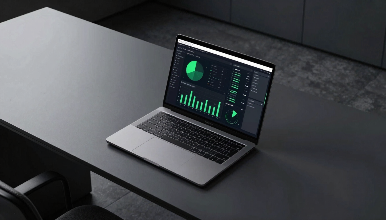 Sleek tech photography, high-contrast overhead shot of a clean modern architectural office desk with a laptop displaying analytics graphs, moody low-key lighting with sharp green accents.