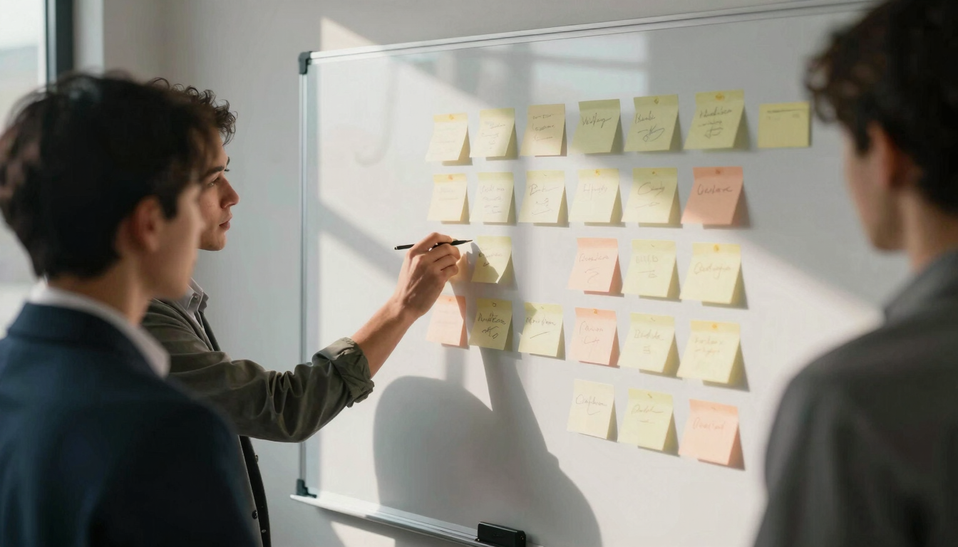 Dynamic over-the-shoulder angle of a team collaborating around a physical whiteboard with messy post-it notes, deep shadows, natural directional light.