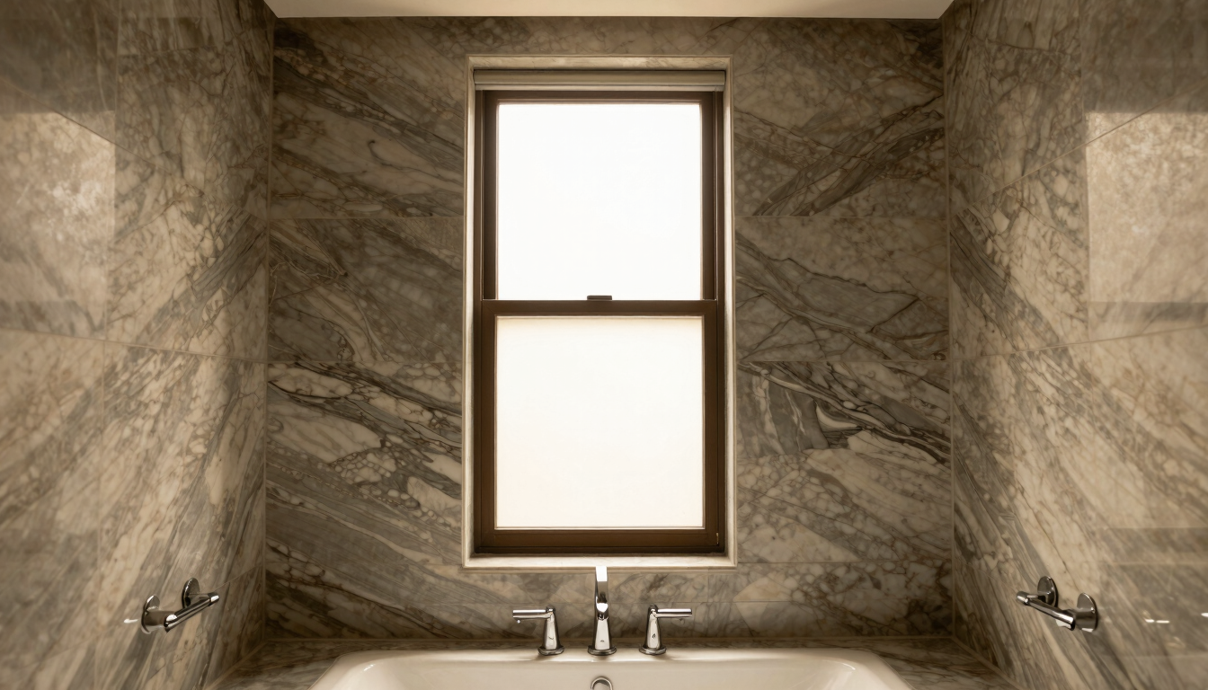 Straight-on architectural photography of a luxury master bathroom with bookmatched veined marble walls, warm natural window light, rich moody tones, 35mm lens.