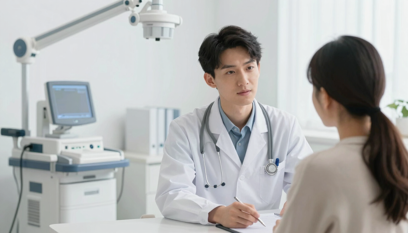 Medium shot of a professional doctor consulting a patient in a bright clinical office, modern medical equipment in background, soft white light