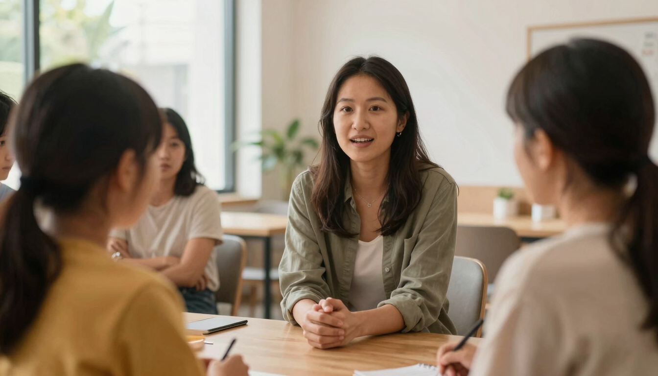 A warm, natural daylight portrait of a community organizer talking with a family in a bright, modern community center, showing authentic human connection.