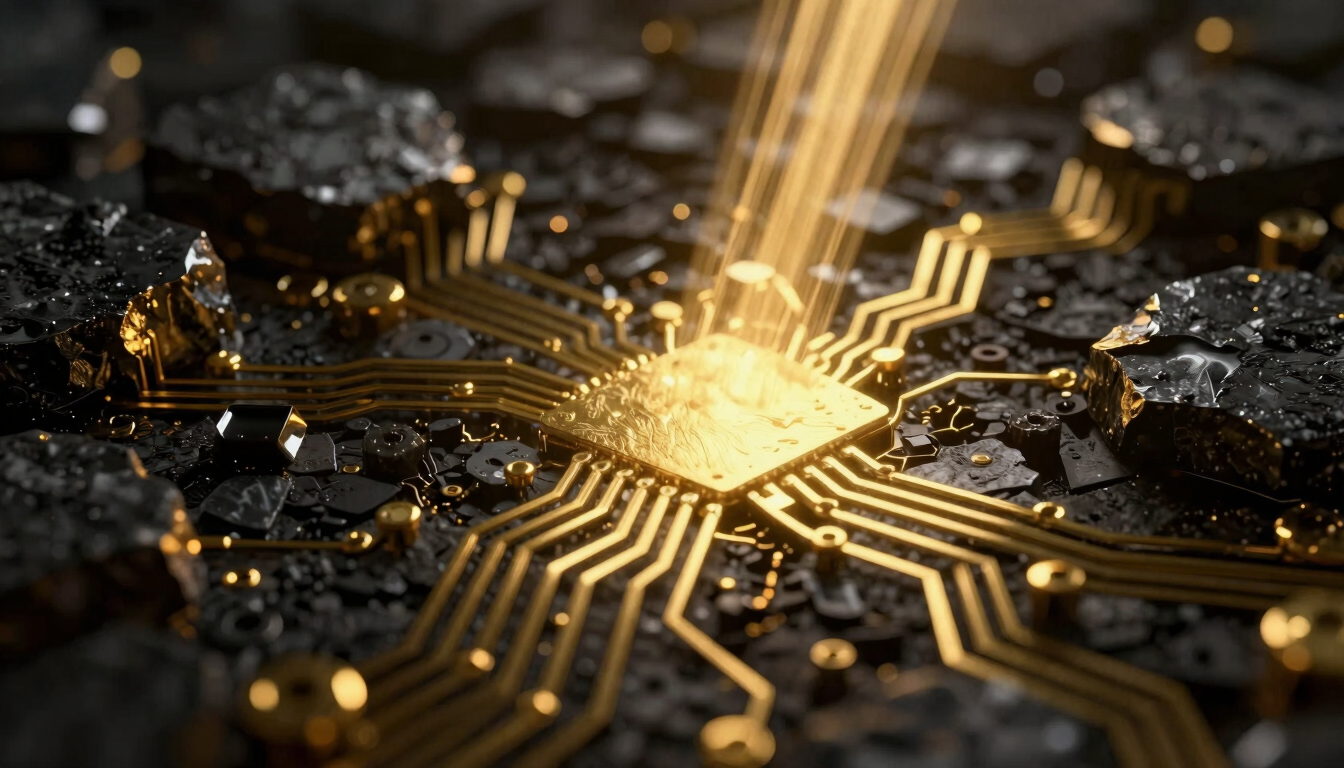 Extreme macro of metallic gold circuitry embedded in dark obsidian stone, glowing gold light shafts cutting through deep shadows, cinematic 3d render