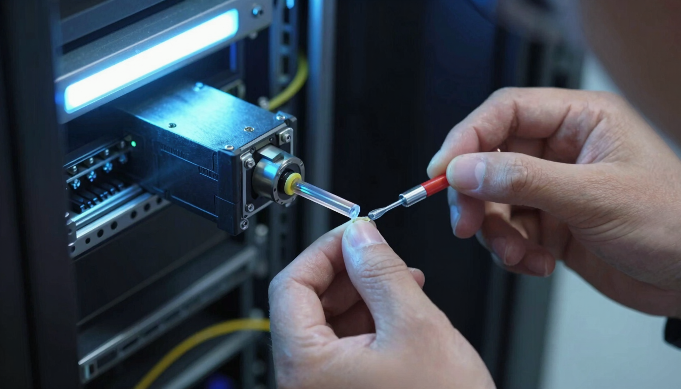 Close-up of a technician with steady hands performing precise fiber optic fusion splicing, cool blue ambient light, sharp focus on the glass core