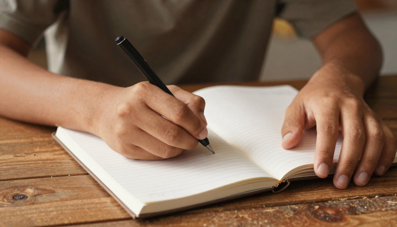 Candid close-up of a student's hands carefully writing in a brand new notebook, warm natural daylight, rich earthy tones, 35mm.