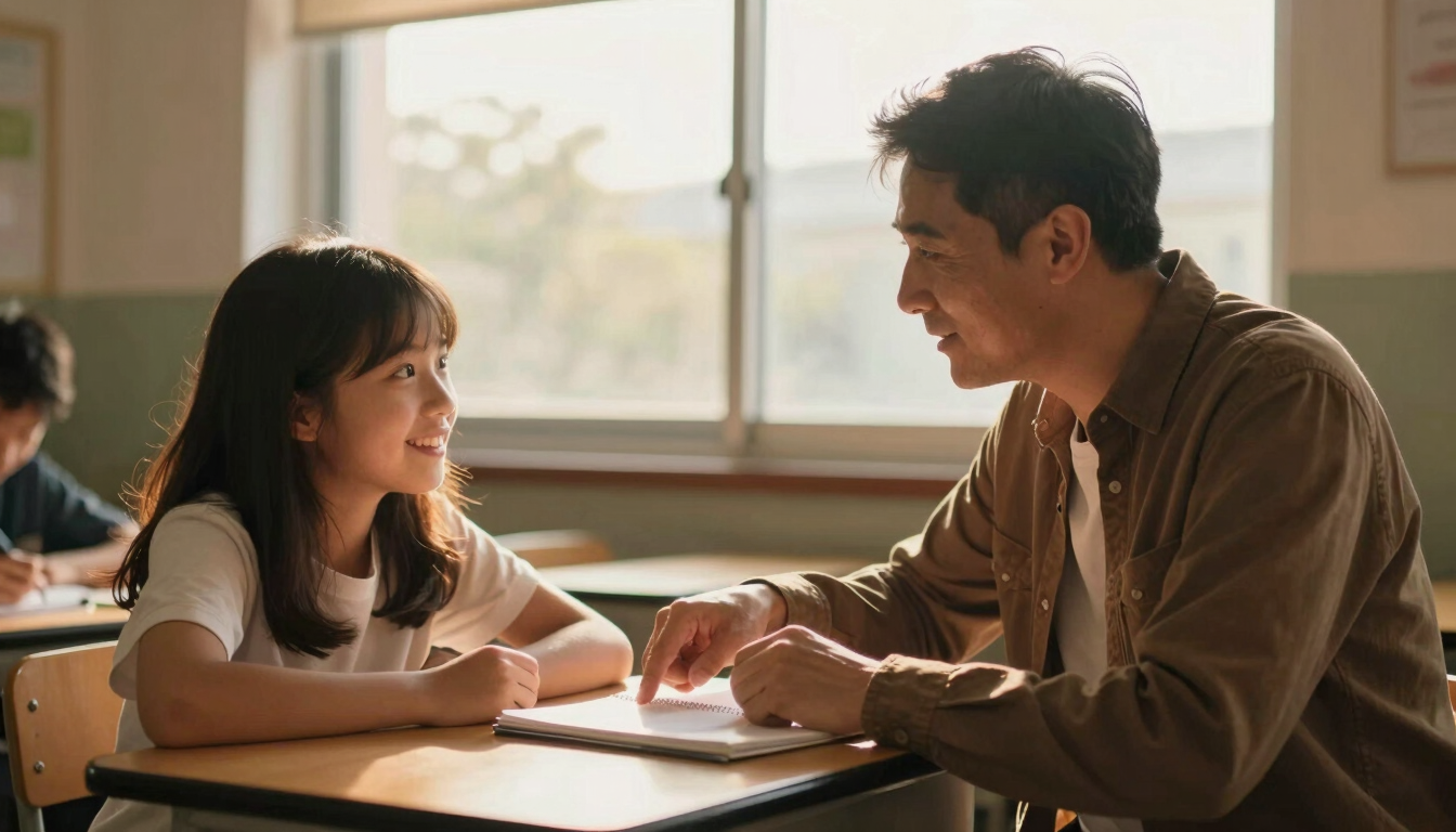 A warm, candid shot of a mentor pointing to a notebook while a young student smiles, natural golden-hour light flooding through a classroom window, 35mm.