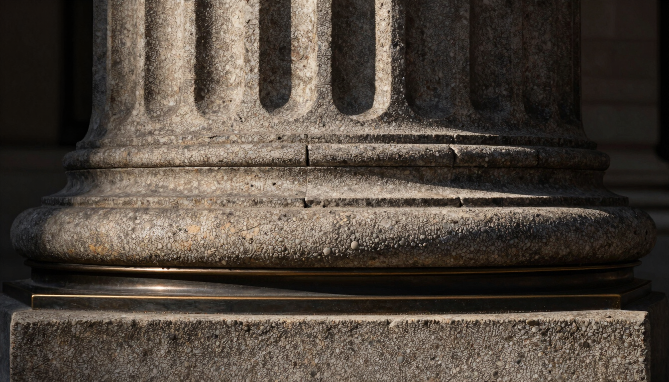 Macro close-up of heavy textured architectural stone column meeting a dark bronze metal frame, dramatic side-lighting, deep shadows.