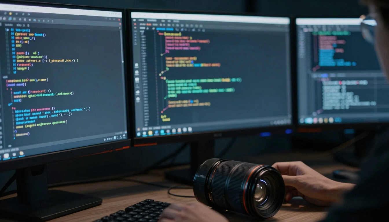 Close-up of developer analyzing complex backend code on multiple monitors in a dark room, cool-toned ambient screen glow, sharp focus, 35mm lens.