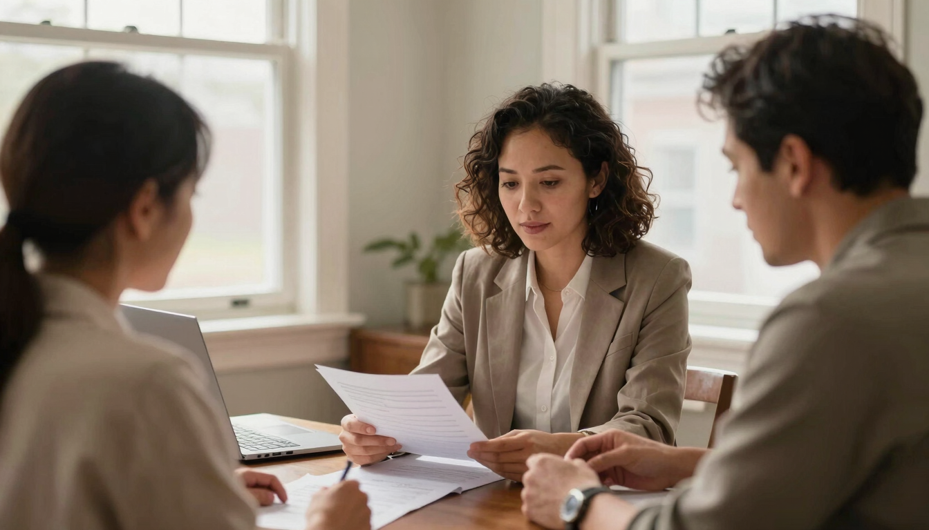 A housing counselor meeting with a resident in a sunlit Ohio office, reviewing documents together with supportive expressions, soft window light, 35mm.