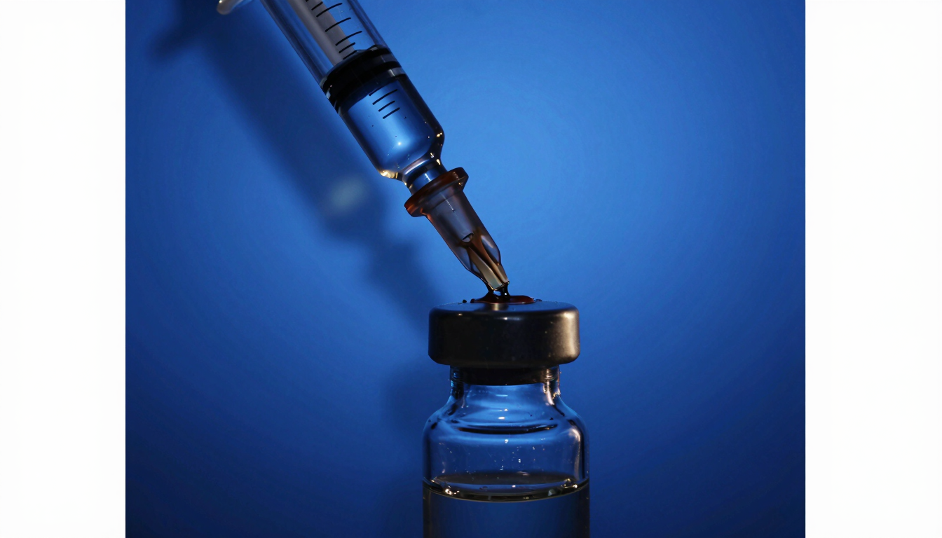 Macro shot of liquid transferring through a precise glass syringe into a minimalist vial, royal blue studio background, deep shadows, high contrast.