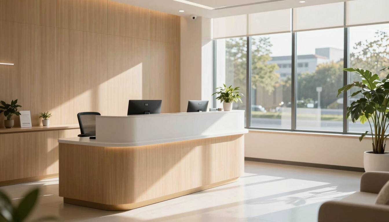 Medium shot of a bright, welcoming reception area of a modern clinic, warm natural daylight streaming through large windows, clean minimalist setup with soft wood accents.