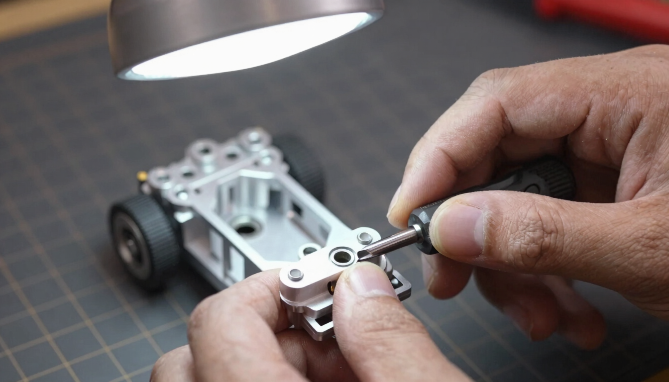 Close-up macro shot of a mechanic's hands using a hex driver on an RC aluminum chassis, bright overhead workshop light, dark grey cutting mat background, sharp macro details, 50mm lens