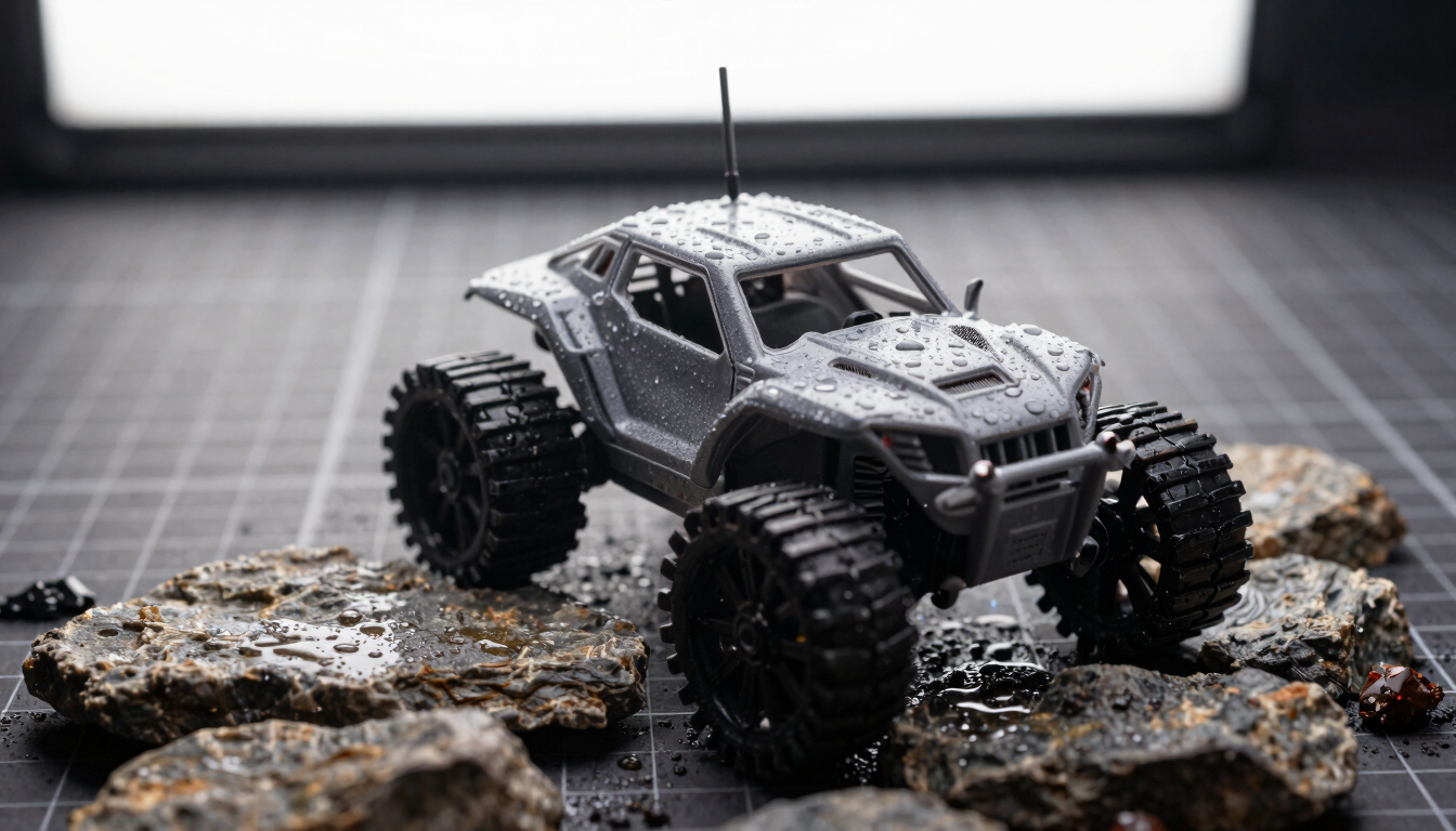 Low angle action shot of a 1/10 scale crawler climbing over wet rocks, bright daylight, water droplets on the chassis.