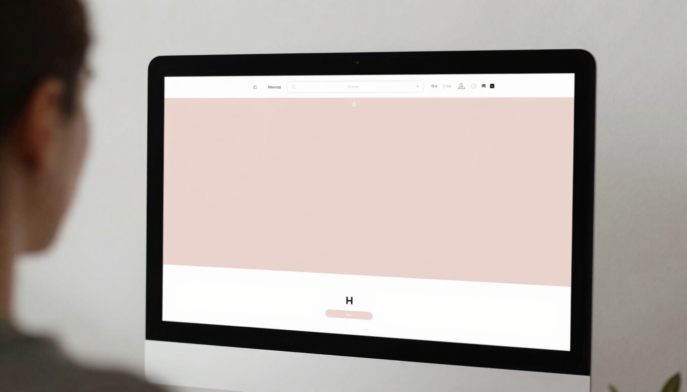 Over-the-shoulder view of a clean browser mockup displaying a minimalist website layout on a modern monitor, soft daylight, muted organic tones with a subtle deep pink accent on the screen, sharp focus.