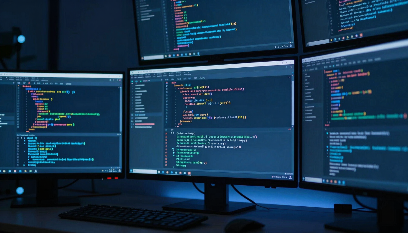 Clean developer workspace with multiple screens displaying actual code, cool-toned ambient blue lighting, sharp angles, 35mm