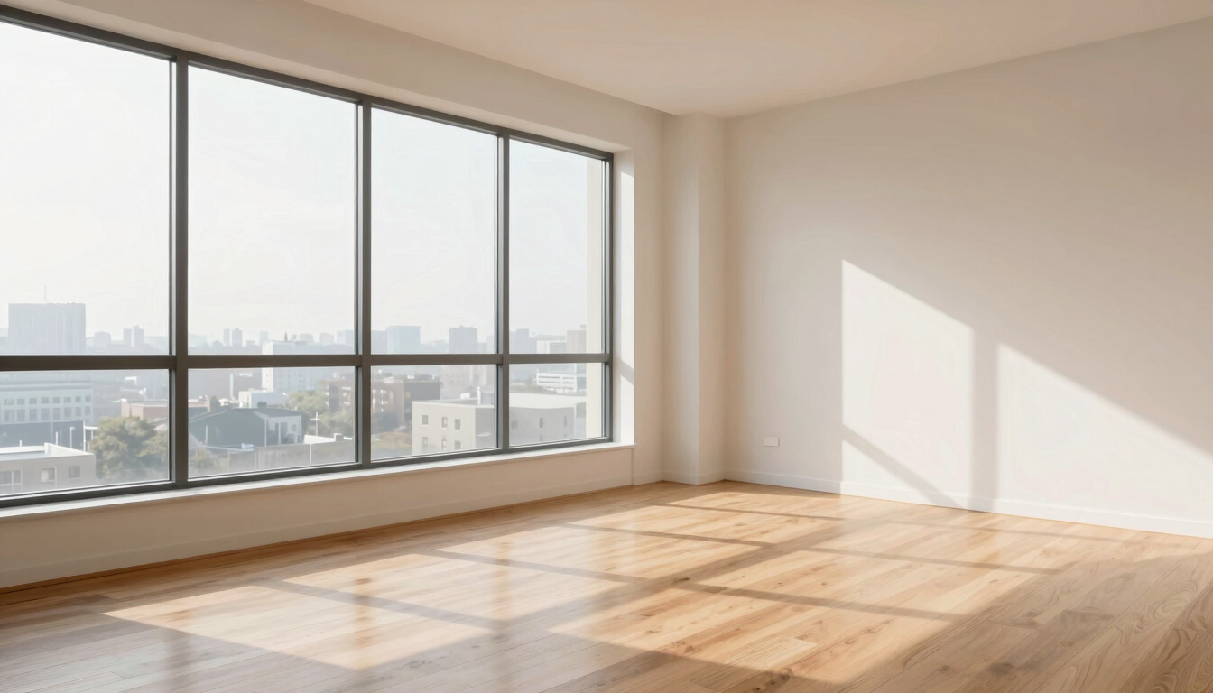 Bright, sunlit modern apartment interior with clean hardwood floors, large window showing soft morning light, real estate editorial photography, 35mm lens.