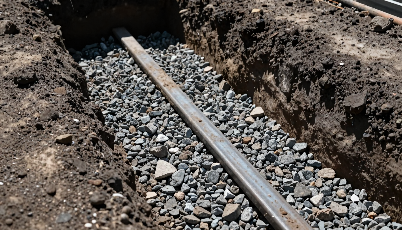 Close-up of a freshly excavated utility trench in dark earth, clean gravel bedding visible, harsh daylight, gritty construction photography, 35mm
