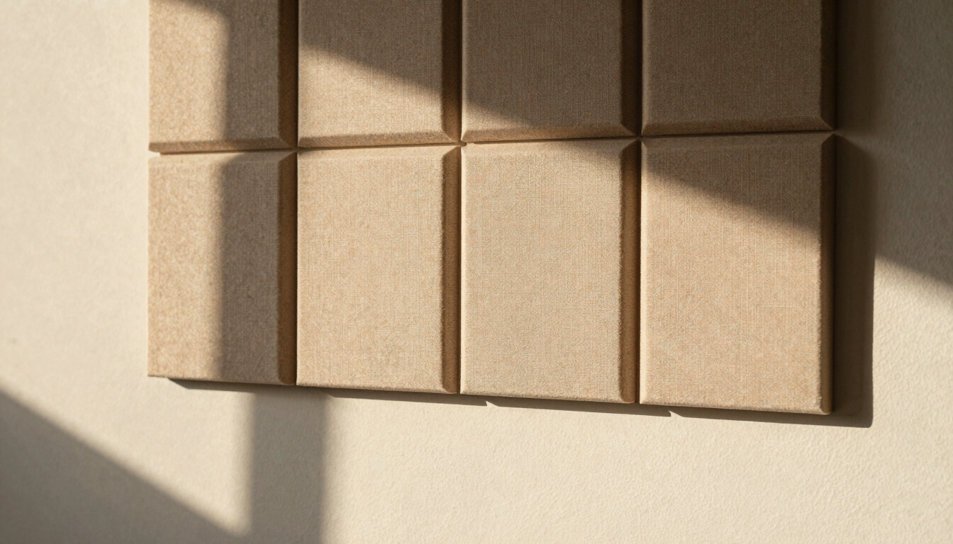 A close-up of architectural fabric acoustic tiles mounted on a plaster wall, soft afternoon sunlight, long shadows