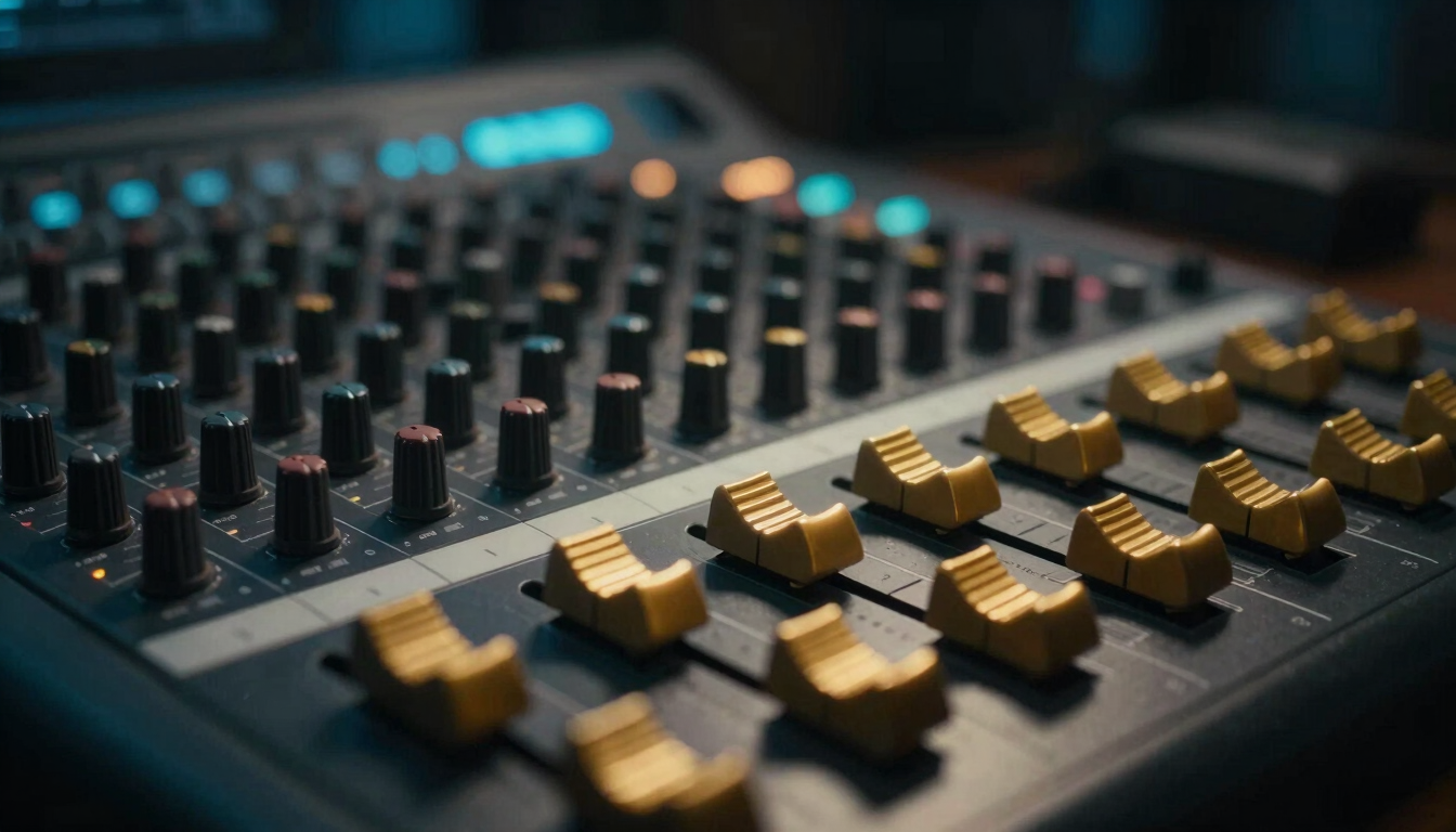 Cinematic close-up of a high-end mixing console in a dimly lit studio, glowing gold faders, soft neon blue light in the background, shallow depth of field, 35mm