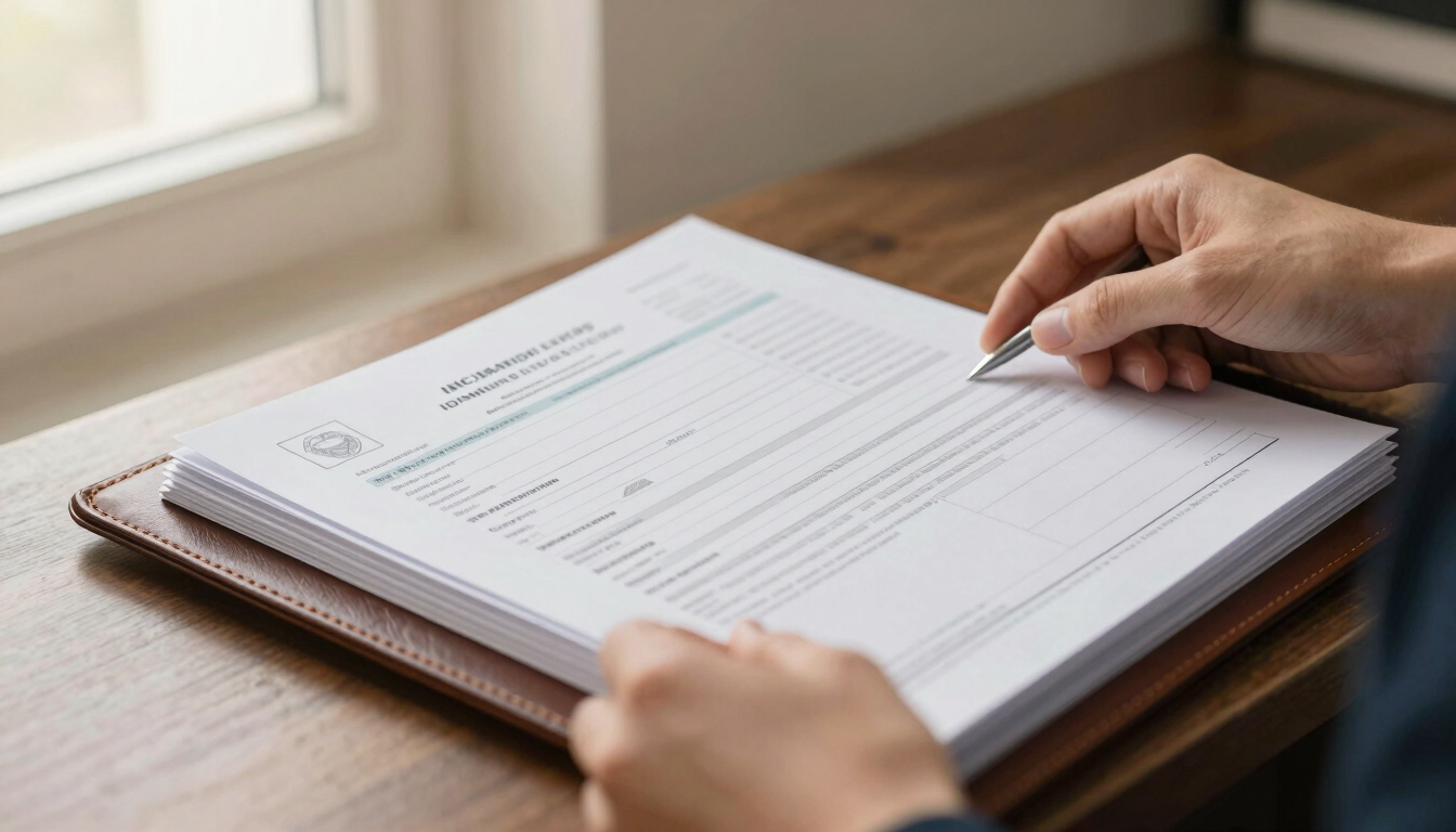 Close-up of professional hands organizing official immigration forms into a high-quality leather binder, warm natural light, shallow depth of field