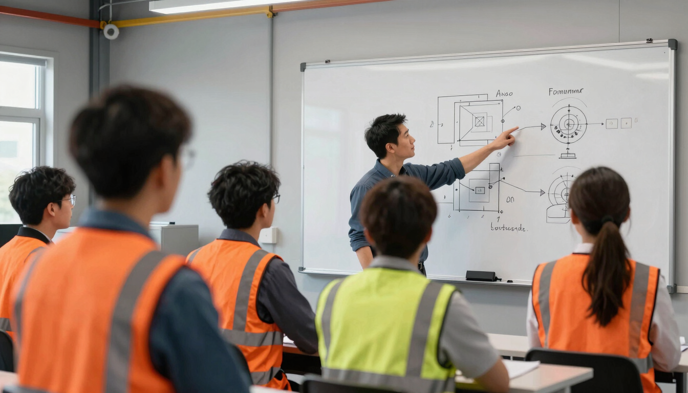 Sharp industrial documentary photography of a professional classroom training session, an instructor pointing at a technical diagram on a whiteboard, engineers in high-vis vests listening attentively, natural daylight, crisp focus.