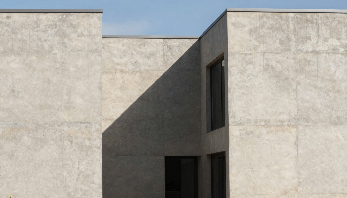 Minimalist architectural lines of a modern concrete building in Stellenbosch, sharp geometric shadows, bright natural daylight, 35mm lens.