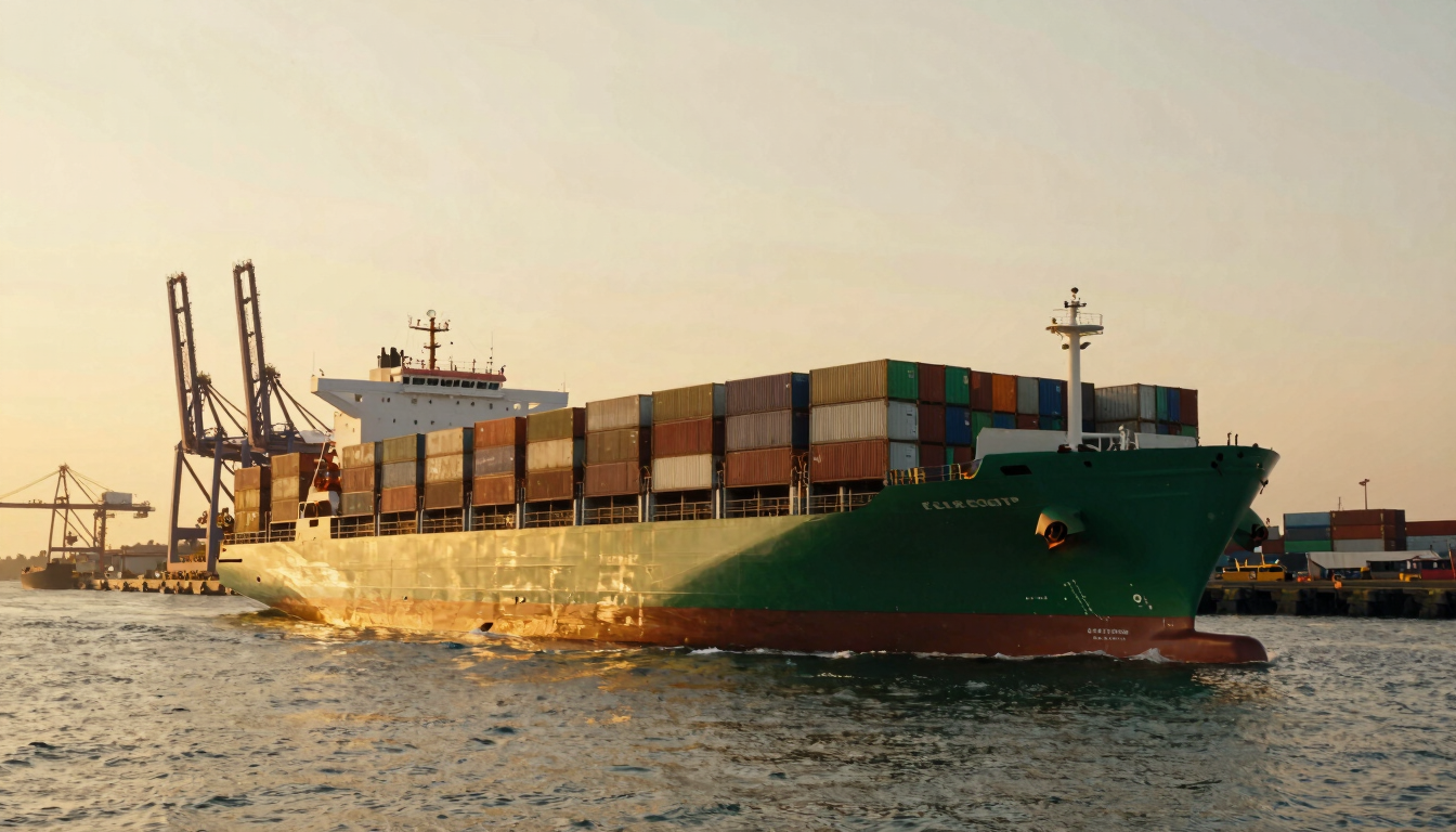 Wide cinematic view of a massive container ship departing an Indian deep-water port at golden hour, amber light reflecting off the ocean, towering cranes in the background, 35mm photography.