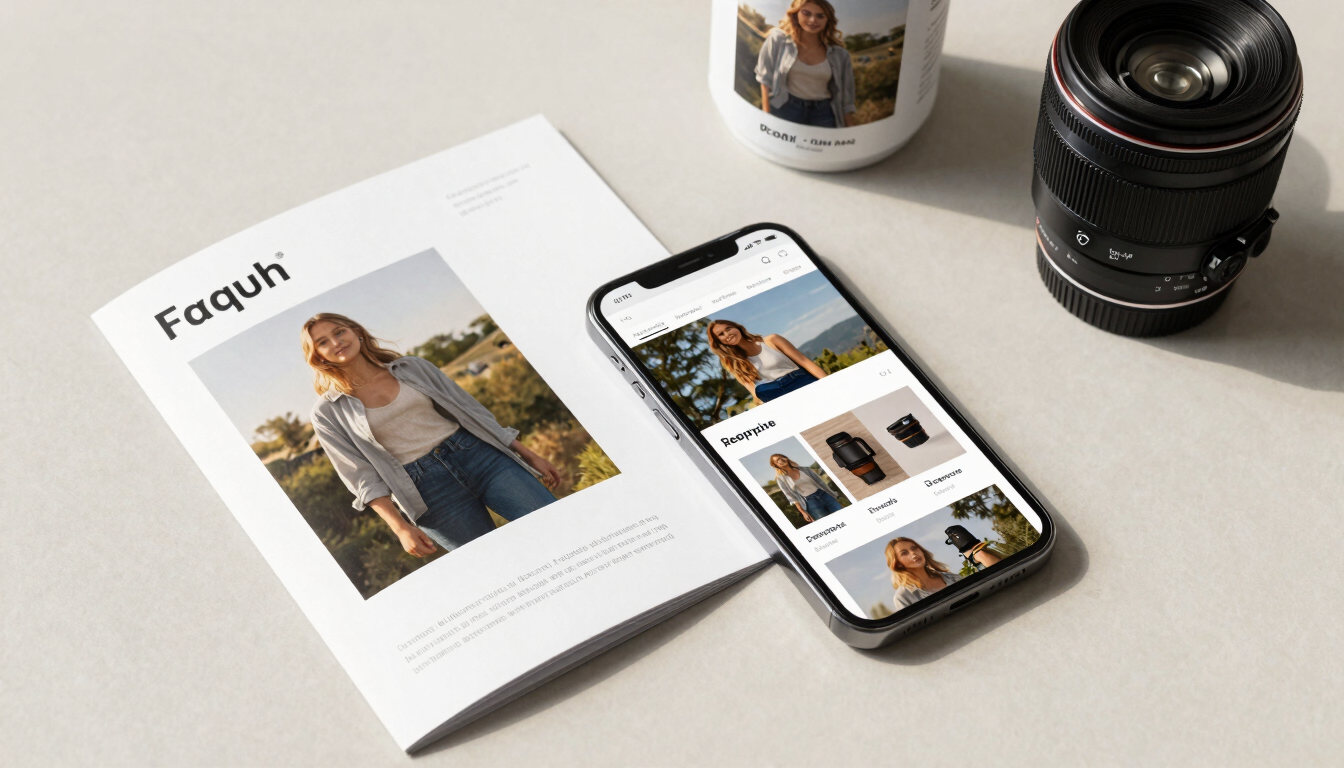 High-angle flat lay of custom printed brand brochures, a modern smartphone showing a matching responsive website, and beautifully designed promotional products on a clean slate background, bright natural light.